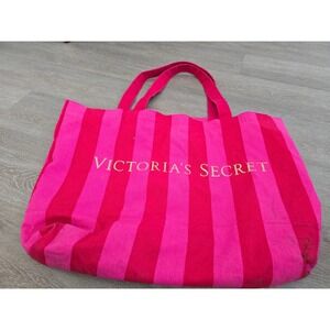 Victoria's Secret Pink Striped Canvas Tote Bag Large Zipper Travel Beach Bag